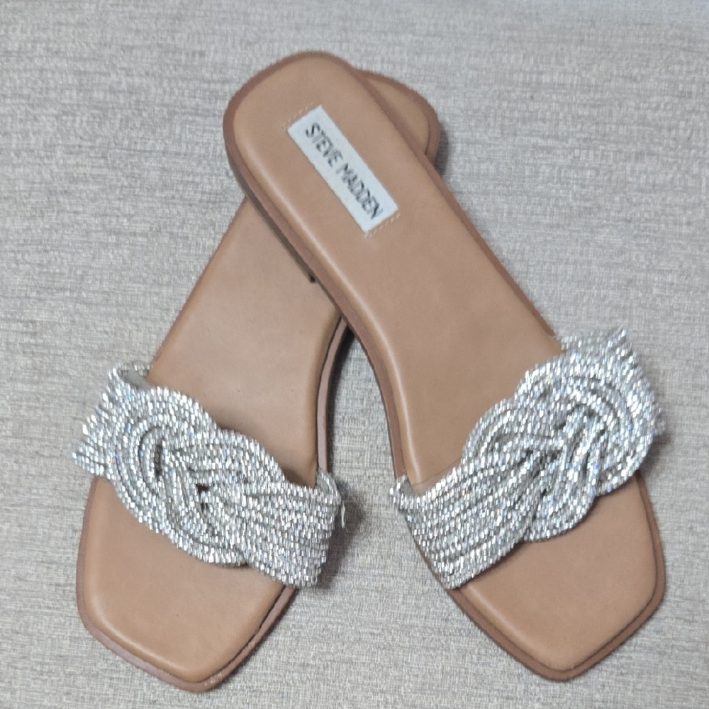 Steve Madden Silver Tan Sandals with Embellishments